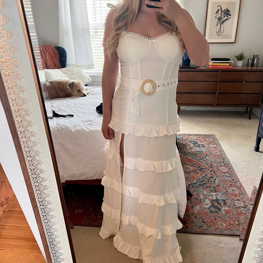 White tiered maxi dress with slit + belt